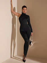 Semi-Turtleneck Oblique Shoulder Ruched Long Sleeve Elegant Fashion Jumpsuit